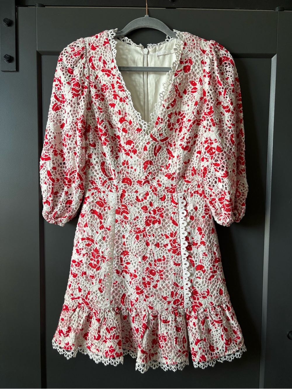 La Maison Talulah Red & White Floral Lace Dress with V-Neck and Puff Sleeves